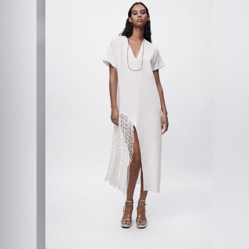 Zara Fringed White Linen Dress
